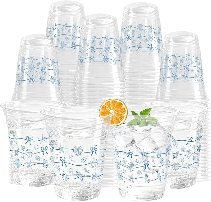 100 Pack Ocean Plastic Cups 12 oz Blue Starfish Seashell Bow Disposable Cup Clear Under The Sea Drinking Cold Beverage Cup for Summer Beach Party Supplies