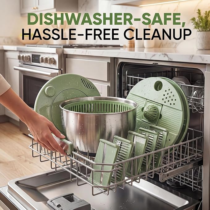 Salad Spinner with Slicer & Grater: Stainless Steel Salad Spinner, Lettuce Spinner with Drain, Non-Slip Base,Stop Button,Vegetable Dryer with 3 Blade Slicers, 1 Egg Yolk, 2 Strainer Shredders, 5.3 Qt