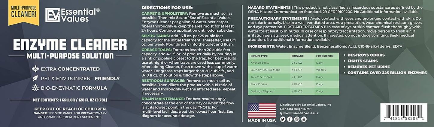 Enzyme Cleaner (1 Gallon / 128 Fl OZ), Drain Cleaner, Made in USA – Multi-Purpose Solution- Stop Odors in its Tracks | Odor Eliminator, Stain Remover, General Cleaning – for Residential & Commercial