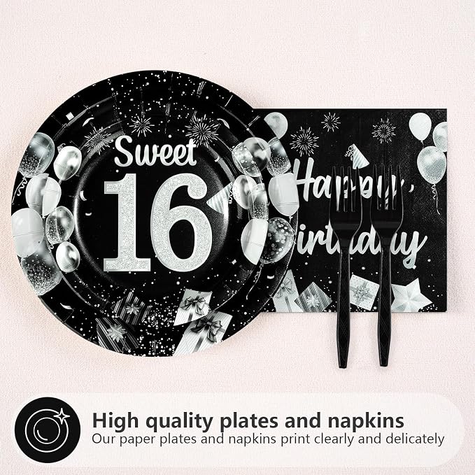 96Pcs 16th Black and Silver Birthday Party Supplies Cheers to 16 Years Plates and Napkins Disposable Sweet Black 16th Birthday Tableware Set for 16 Years Old Graduation Party Serves 24