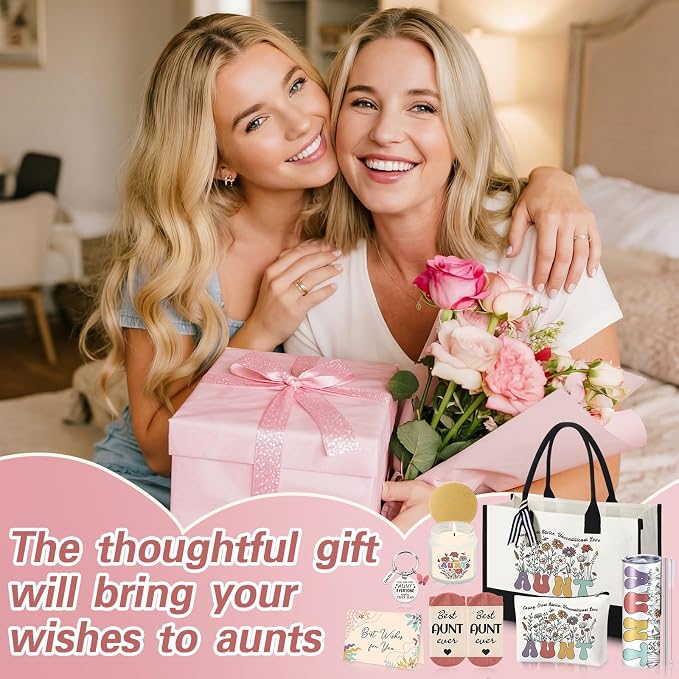 Patelai 7 Pcs Auntie Gifts for Women,Aunt Birthday and Wedding Gift, Best Aunt Ideas Presents Set with 20oz Tumbler Tote Bag Scented Candle Keychain Makeup Pouch Appreciation Gifts from Niece Nephew
