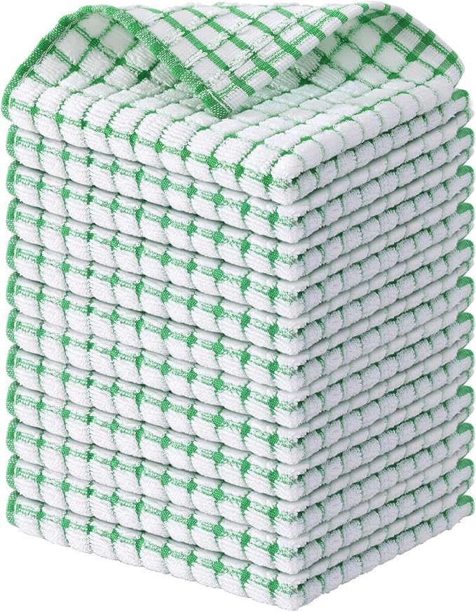Kitinjoy Cotton 12 Pack Terry Kitchen Dish Cloths, 12 x 12 Inches Super Soft and Absorbent Dish Rags, Quick Drying Dish Towels for Washing Dishes, Green