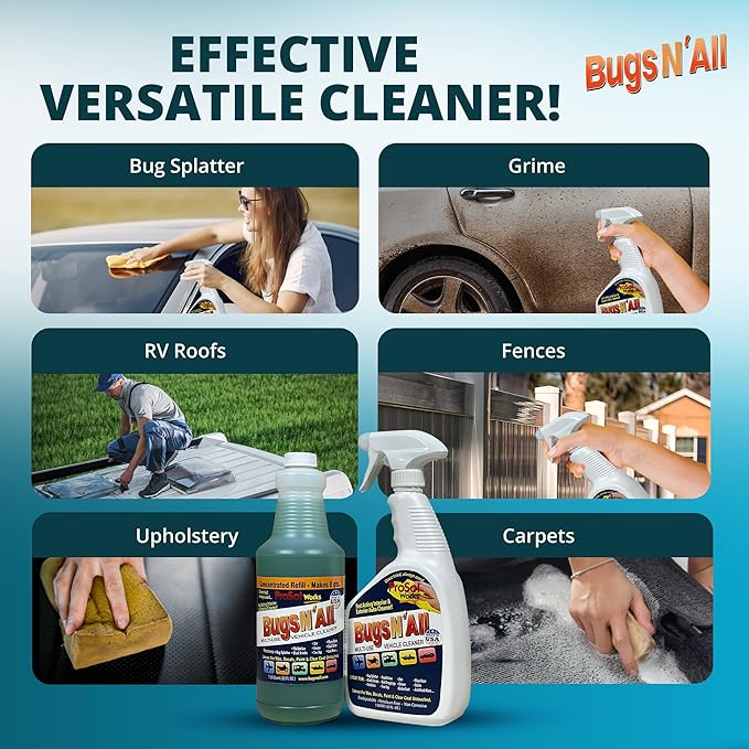 Bugs N' All Multi Surface Cleaner Spray Concentrate 32 oz. w/Empty Cleaning Spray Bottle 32 oz. & Bug Sponge for Car Washing - Mutli-Vehicle Cleaning - Bug & Tar Remover for all Vehicles