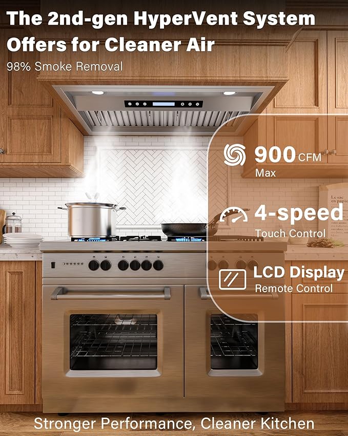 42 inch Stainless Steel Insert Range Hood - 900 CFM, Ultra-Quiet 4-Speed Vent, Touch/Remote Control, LED Lights, Ducted/Ductless Convertible