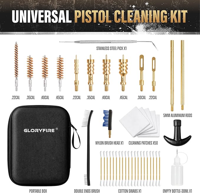 GLORYFIRE Universal Gun Cleaning Kit Fits .22 .357/9mm .38 .40 .45 Cal Handguns & Pistols Compact Carrying Case for Portability Multiple Styles with Brass or Plastic Jags & Tips for Shooting and Range