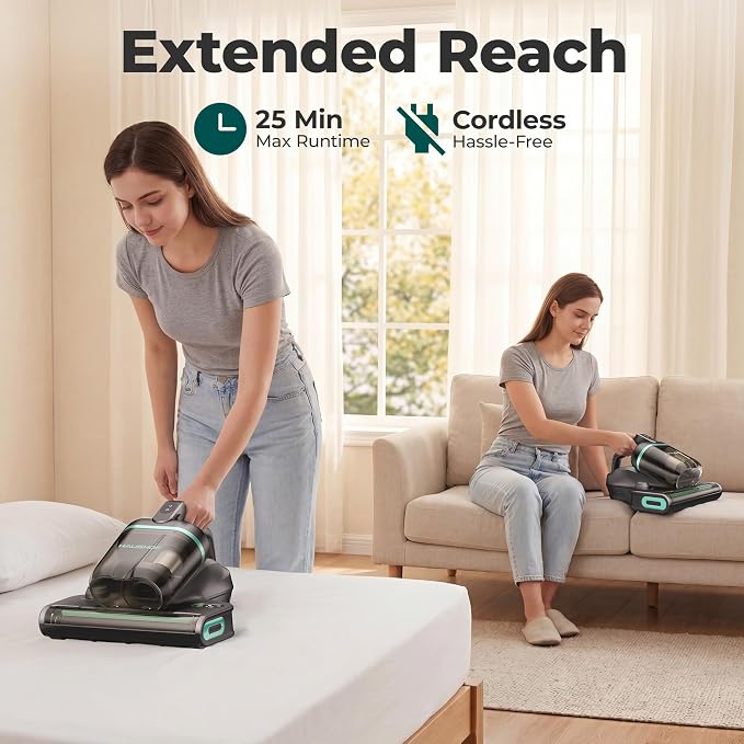 HAUSHOF Cordless Mattress Vacuum Cleaner, Bed Vacuum Cleaner with 275nm UVC Light, 17kPa, 140°F Heat, H12 HEPA Filter, 16.9oz Dual Cup, Vacuum for Couch, Bed, Furniture, Mattress Cleaning