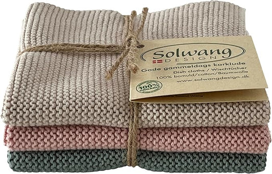 Solwang 3-Piece Danish Cotton Dishcloths in 100% Certified Organic Made India (Delicate Pastel Combi)