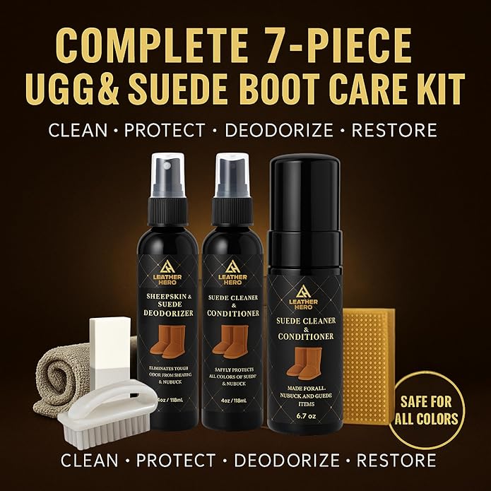 Leather Hero Suede & Sheepskin Cleaning Kit – Compatible with UGG Boots – Foam Cleaner & Conditioner, Water & Stain Protector, Deodorizer, Eraser, Brushes & Cloth – 7-Piece Complete Care Set