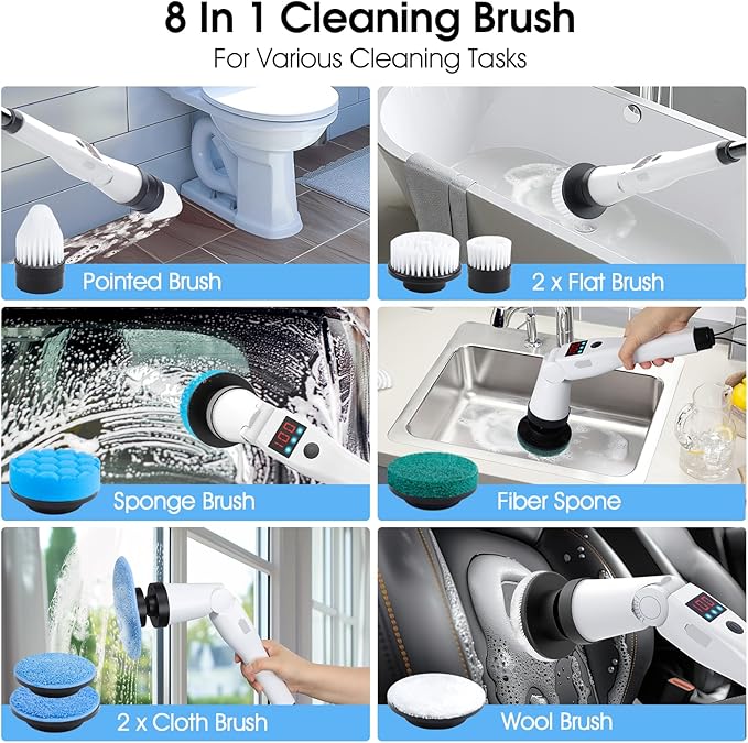 Electric Spin Scrubber, Shower Scrubber with Long Handle, Rechargeable Cordless Power Scrubber, Retractable & Adjustable Angle Spin Brush for Cleaning Bathroom/Tub/Floor/Tile (Black-White+Beige)