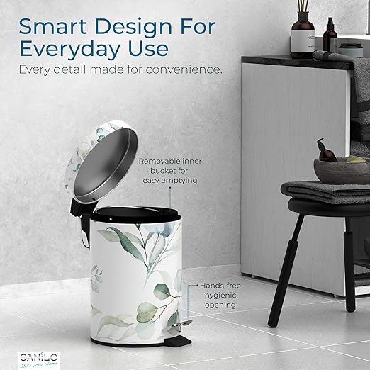 Sanilo Small Bathroom Trash Can with Lid [1.3 Gallon] - Lidded Tiny Trashcan for Garbage - Mini Metal Bin with Soft Closing Mechanism - Bath Room Accessoire Wastebin with Inner Bucket (Eucalyptus)