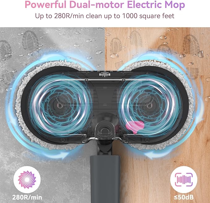 VMAI Cordless Electric Mop for Floor Cleaning,Water Sprayer Spin Mop with 300ML Water Tank,LED Lighting and Removable Battery,Up to 60mins Working Time for Hardwood Tile Laminate Marble Floor(Rose)