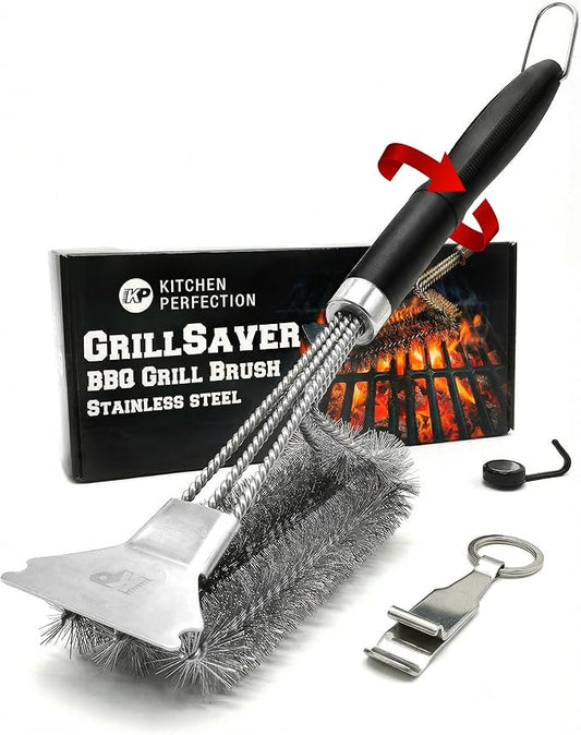 KITCHEN PERFECTION GrillSaver - Safe BBQ Grill Brush for Outdoor Grill with Replaceable Cleaning Head -Heavy-Duty Grill Cleaner with Scraper for All Grates +2 Bonuses -Best Grilling Gifts for Men