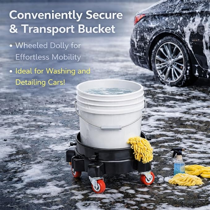 11.5" Rolling Bucket Dolly for 5 Gallon Bucket, Heavy-Duty Bucket Wheels Base with 5 Swivel Casters, Easy Assembly Bucket Cart for Car Wash, Cleaning, Construction & Garage Use, Black