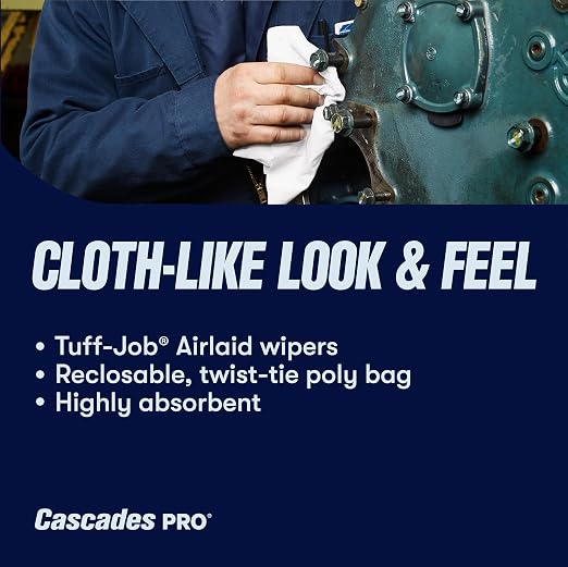 Cascades PRO Tuff-Job Wipers – 800 Sheets Airlaid 1-Ply Disposable Wipes – Highly Absorbent for Industrial, Automotive, and Janitorial Cleaning – 50 Sheets/Pack, 16 Packs/Box – W300 – White