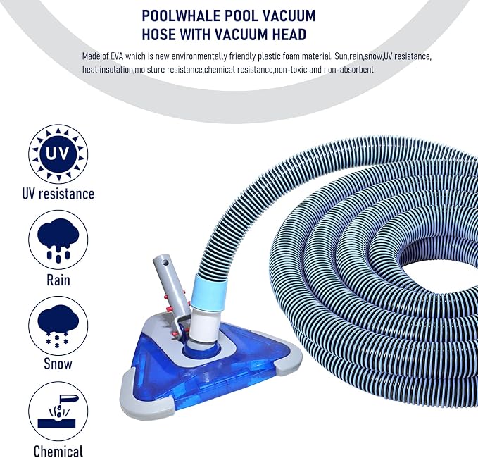 POOLWHALE Professional 1-1/2-Inch x 24-Feet Swimming Pool Vacuum Hoses with Swivel Cuff and Triangular Weighted Flex Vacuum Head, Perfect for Above Ground and Small Inground Pools