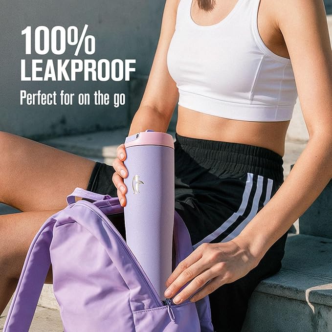 Coolflask Water Bottle 40 oz Fits Car Cup Holder, Slim Tumbler Stainless Steel with Straw & Handle, Vacuum Flask Leakproof Wide Mouth for Travel Sports Gym, Lavender