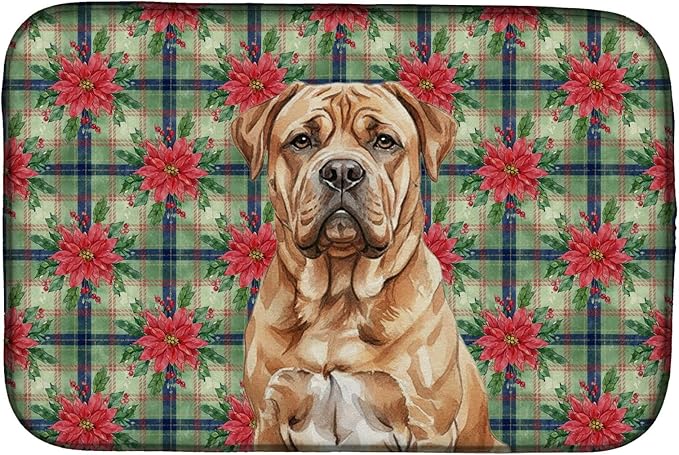 Caroline's Treasures Dogue de Bordeaux Christmas PoinsettIas Dish Drying Mat Absorbent Dish Drying Mat Pad for Kitchen Counter Dish Drainer Mat for Countertop, 14 x 21", Multicolor