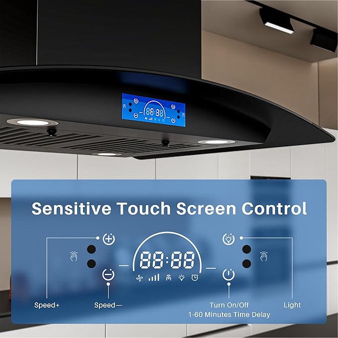 FIREGAS Black Island Range Hood 30 Inch, 700 CFM Island Kitchen Hood with Touch & Gesture Control, 3 Speed Fan, LED Lights, Ducted/Ductless Convertible Stove Vent Hood