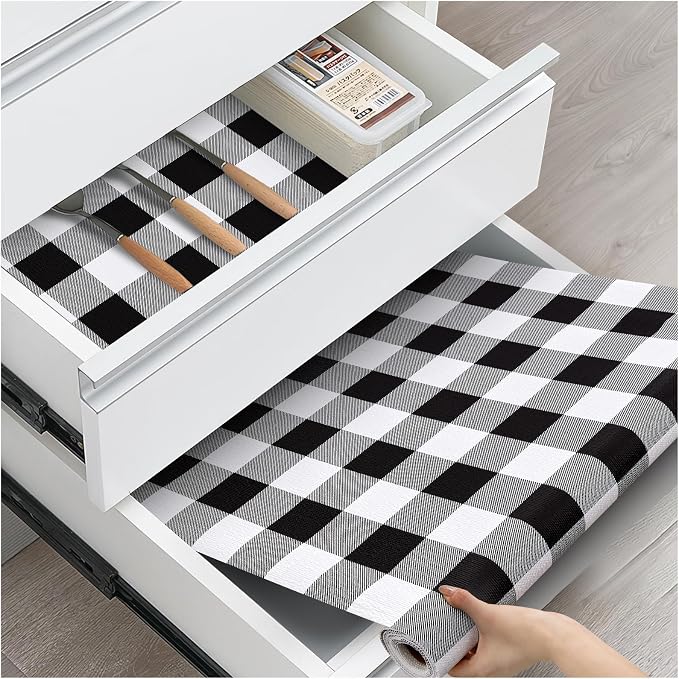 Drawer and Shelf Liner, Non-Slip Kitchen Cabinet Liners Non-Adhesive Thick Strong Grip Waterproof Washable Mats Protect Dresser Shelves Cupboard Bathroom Cabinets, Buffalo Plaid, 12 in X 10 FT