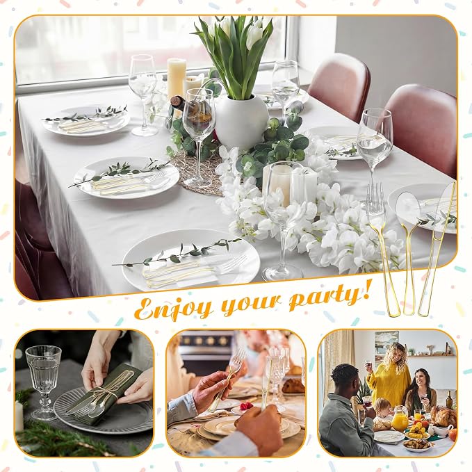 Minatee 150 Pcs Gold Plastic Silverware, Clear Disposable Cutlery Set Heavy Duty Utensil Sets 50 Forks 50 Knives 50 Spoons for Birthday Party Home Office School Picnics Restaurant Outdoor Events