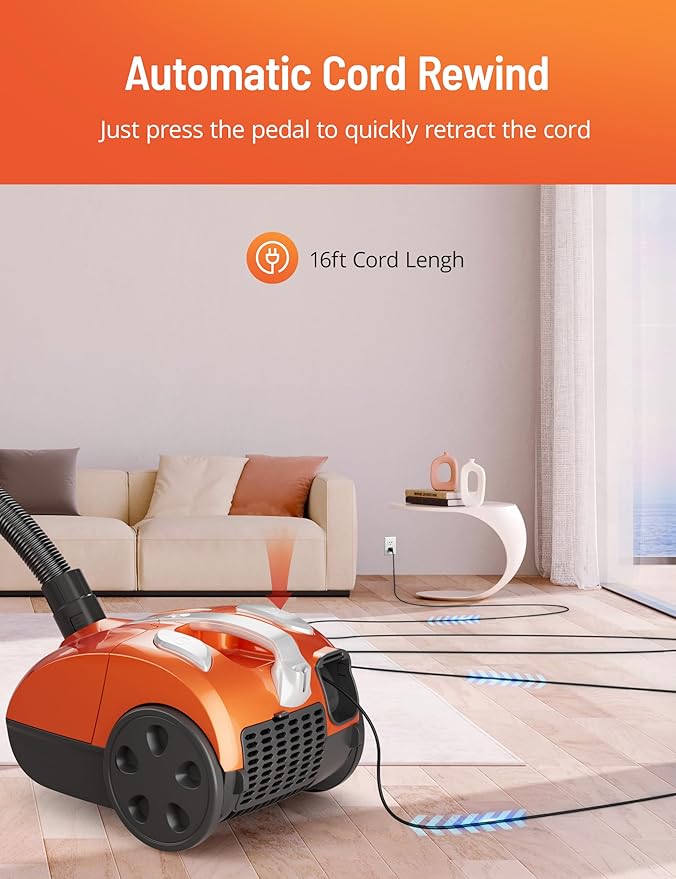 Bagged Canister Vacuum Cleaner, Canister Vacuum Cleaners for Home, Automatic Cord Rewind, Portable Corded Vacuum Cleaner with 3 Replacement Bags for Hard Floors, Pet Hair, Carpet and Upholstery