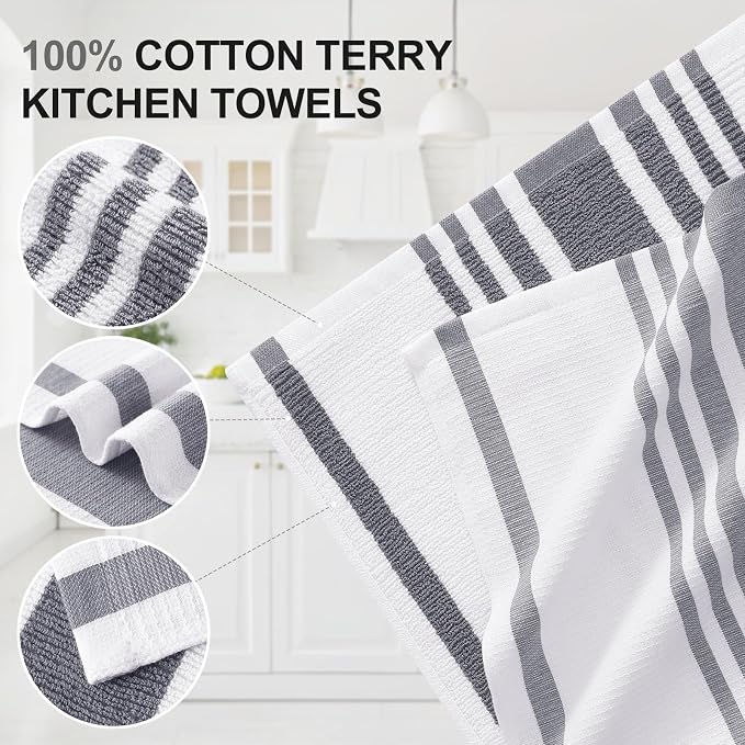 Homaxy Premium Kitchen Towels 18”x 28”, Large Cotton 380 GSM Kitchen Hand Towels, Stripe and Terry Dish Towel, Highly Absorbent Tea Towel Set with Hanging Loop, 3 Pack, Grey