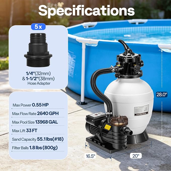 VIVOHOME Sand Filter Pump with 1/2 HP Motor, 2640 GPH w/Timer for in/Above Ground Pools up to 14,000 Gallons, 7-Way Valve with 55-Pound Sand Capacity
