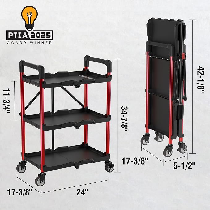 WORKPRO 3-Tier Collapsible Service Cart, Black/Red, 210 LBS Foldable Utility Cart with Wheels, Portable Rolling Tool Cart for Garage, Warehouse, Home, Restaurant and Office (No Assembly Required)