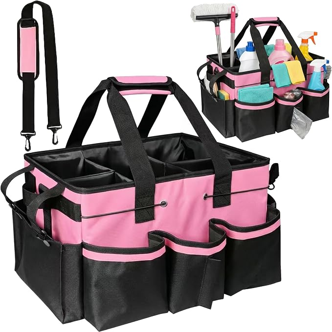 Wearable Cleaning Caddy Organizer with Handle & Adjustable Shoulder Strap 4 Foldable Compartments, Cleaning Supplies Caddy for Housekeepers, Car, Home, Hotel & Outdoor Cleaning Bag（Pink）