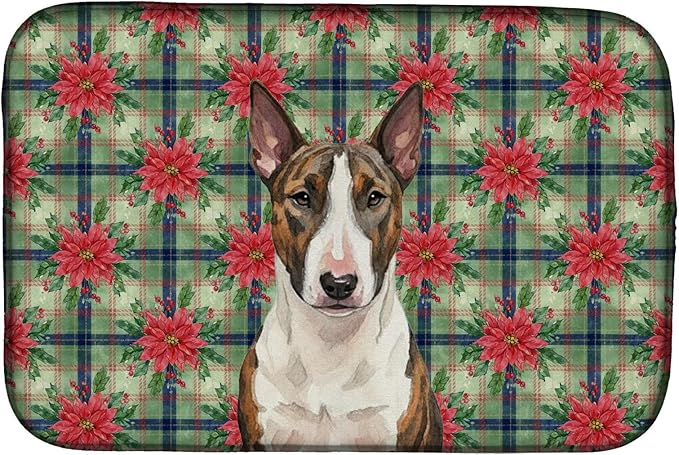 Caroline's Treasures Brindle and White Bull Terrier Christmas PoinsettIas Dish Drying Mat Absorbent Dish Drying Mat Pad for Kitchen Counter Dish Drainer Mat for Countertop, 14 x 21", Multicolor