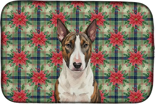 Caroline's Treasures Brindle and White Bull Terrier Christmas PoinsettIas Dish Drying Mat Absorbent Dish Drying Mat Pad for Kitchen Counter Dish Drainer Mat for Countertop, 14 x 21", Multicolor