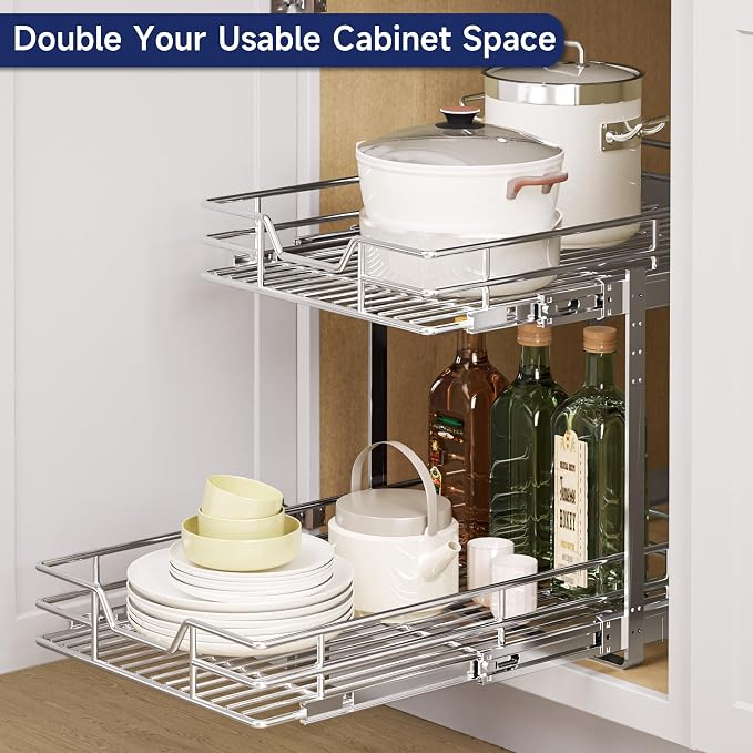 2-Tier Pull Out Cabinet Organizer, 15.5" W x 21.5" D, Heavy Duty Dual Slide Out Shelves for Base Cabinets, Chrome Wire Basket Drawer for Pantry, Kitchen & Bathroom Storage
