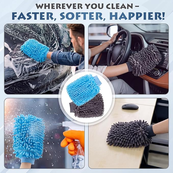 Patelai 30 Pcs Car Wash Mitts Bulk Microfiber Scratch Free Detailing Chenille Car Washing Gloves Hand Double Sided Absorbent Cars Sponge for Washing Cleaning Trucks Boats, 9.45 x 5.9 Inch(Grey,Blue)