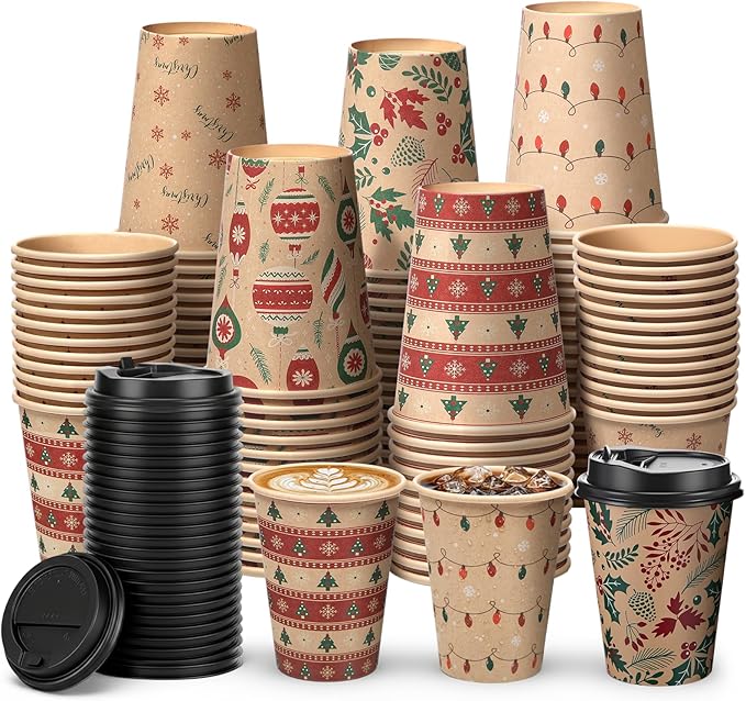 FoldTier 100 Pcs 12 oz Christmas Paper Cups with Lids Xmas Disposable Coffee Cups Holiday Kraft Paper Drinking Xmas Party Drinkware Supplies for Holiday Cocoa Beverage Cold Hot Drinks (Classic 1)