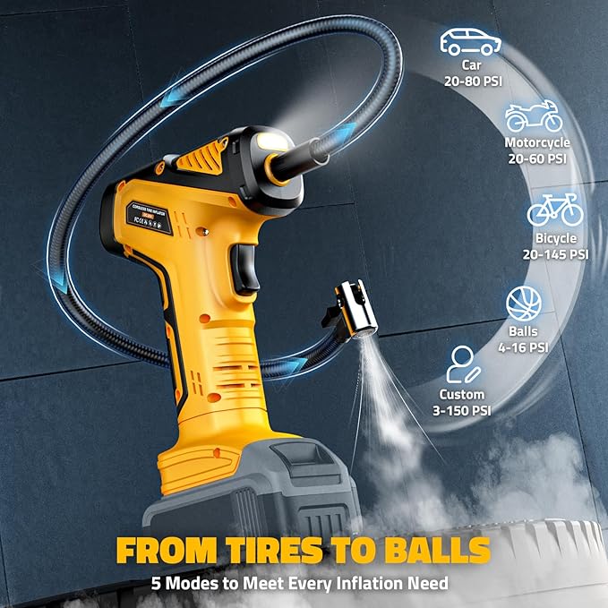 DIYtoolifz 150PSI Tire Inflator Portable Air Compressor: Cordless Air Pump Compatible with Dewalt 20V Battery - Car Tire Pump with Digital Pressure Gauge & LED Light for Auto, Motorcycles (Tool Only)