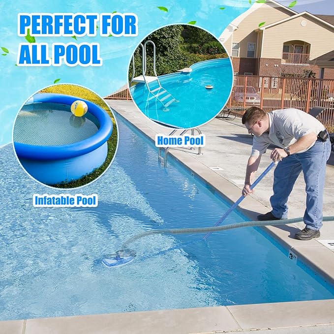 4 Pcs Swimming Pool Vacuum Kits 11.8" Vacuum Head with 1-1/2" x 29.5 ft Hoses, 13.7ft Pole and 17" Skimmer Net Flexible Head with Wheels for Above Ground Inground Hot Tub Cleaning Tool