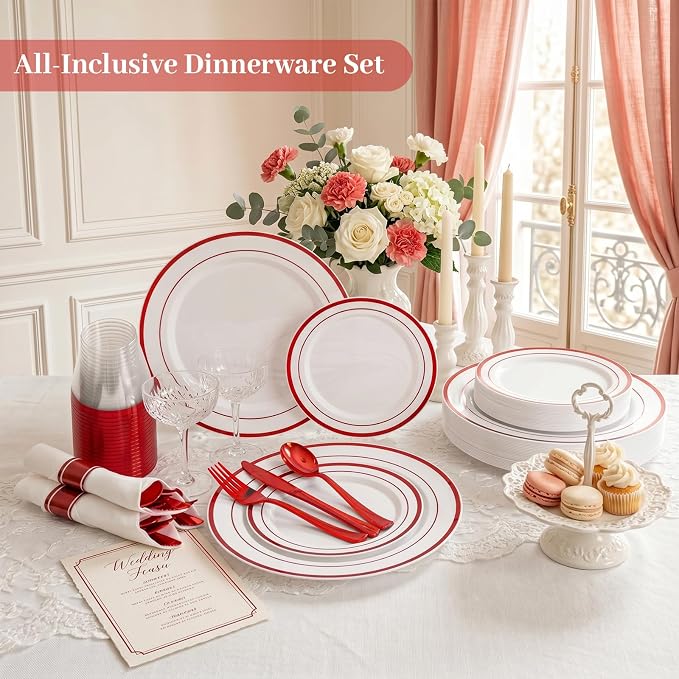 DaYammi 210PCS Red Plastic Dinnerware Set Red Plates Disposable Disposable Plates for Party Include: 30 Dinner Plates,30 Dessert Plates,30 Pre Rolled Napkins with Silverware,30 Cups for Wedding