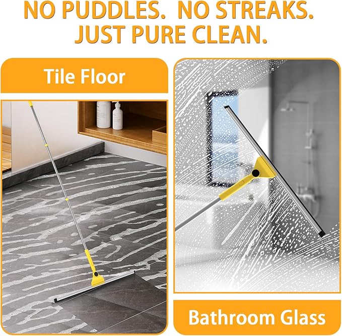 Dymoll Multi-Purpose V-Shaped Grout Brush with 16.9" Floor Squeegee Set, Long Handle Floor Scrub Brush for Cleaning Bathroom Tile Corner Baseboards, Squeegee for Cleaning Garage Floor Window Glass
