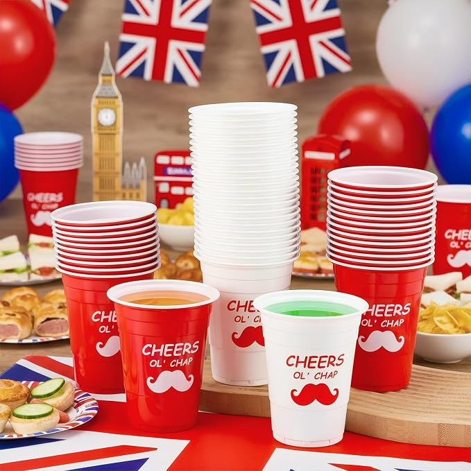 Qinyoung 50 Pcs British Party Disposable Cups Plastic 16 oz Red & White Drinking Cups for Beverage Beer Coffee British Theme Birthday Party Supplies Decorations