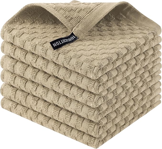 Homaxy 100% Cotton Terry Kitchen Dish Cloths, Ultra Soft Absorbent Dish Towels with Hanging Loop, Pineapple Grid Designed, 12 x 12 Inches, 6-Pack, Tan