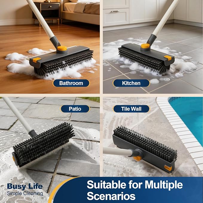 Yocada Floor Scrub Brush with Long Handle 3 in 1 Dual-Sided Stiff Bristle Scrubber Brush and Scrape Squeegee Indoor&Outdoor for Cleaning Bathroom Kitchen Patio Pool Garage Wall Deck 53.9"