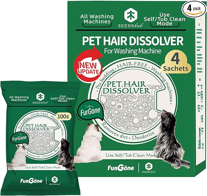 FURGONE by Seedshub Upgraded Pet Hair Dissolver Pro Washing Machine Cleaner Powder, Deep Cleaning Pet Bedding, 100g, 4 Sachets, Dog Cat Hair | Stain | Odor Remover for Laundry, No More Fur