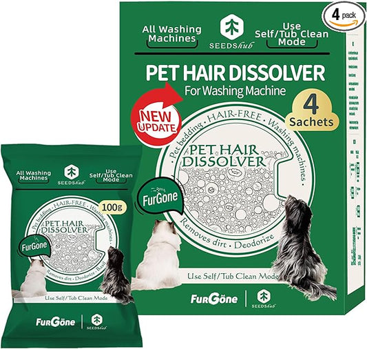 FURGONE by Seedshub Upgraded Pet Hair Dissolver Pro Washing Machine Cleaner Powder, Deep Cleaning Pet Bedding, 100g, 4 Sachets, Dog Cat Hair | Stain | Odor Remover for Laundry, No More Fur