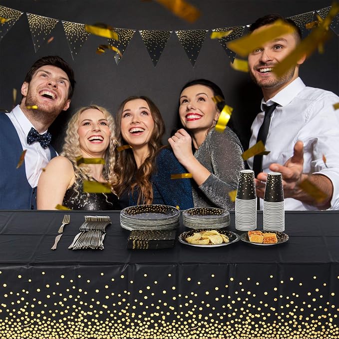 Black and Gold Party Supplies 145PCS Party Dinnerware Decoration Paper Plates, Napkins, Knives, Forks, Cups, Banner, for 2026 New Year Eve, Birthday, Celebrations, Serves 24
