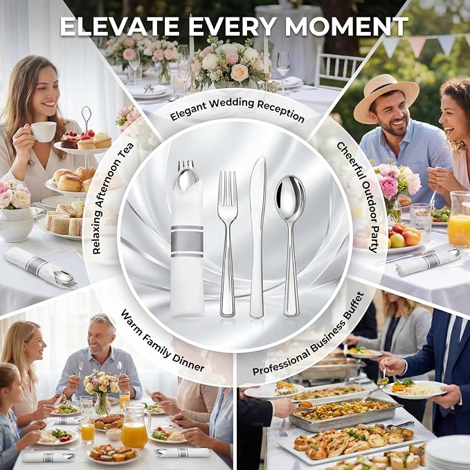 Liacere 100 Pack Silver Plastic Silverware-Pre Wrapped cutlery and Napkin-Pre Rolled Silverware Disposable 100 Forks, 100 Knives 100 Spoons, 100 Napkins Plastic Utensils＆Wedding