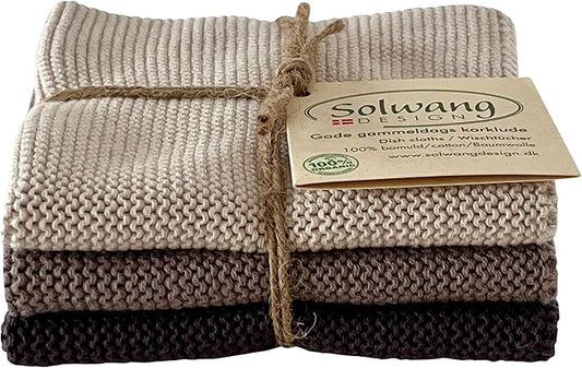Solwang 3-Piece Danish Cotton Dishcloths in 100% Certified Organic Cotton Made in India (Warm Grey Organic Combi)