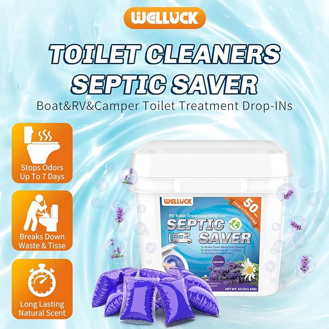 WELLUCK RV Toilet Treatment Drop-Ins, 50 Pack - 50 Week Supply Black Tank Deodorizer | Breaks Down Waste & Tissue | Septic Safe Treatment for RV, Camper, Marine Toilet | Lavender Scents