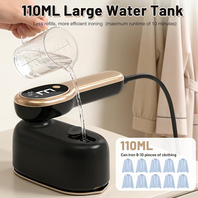 2-in-1 Handheld Steamer for Clothes, 110ml Large Tank Portable Travel Garment Steamer with 3 Adjustable Steam Settings, 15s Fast Heat-Up 180° Rotatable Steam Iron for Home Office Dorm