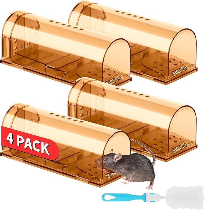 LULUCATCH Humane Mouse Traps 4 Pack, No Touch Catch and Release Live No Kill Rodent Traps, Reusable with Cleaning Brush, Pet Safe Indoor Outdoor Rodent Control for Mice, Rats, Chipmunks, Voles, Brown