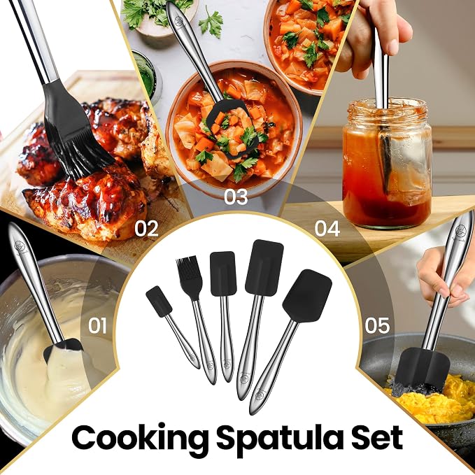 5pcs Silicone Spatula Cooking Utensils Set with Stainless Steel Handles, Premium Heat-Resistant Kitchen Utensils for Baking, Spoonula & Silicone Brush Included, Safe for Nonstick Cookware (Black)